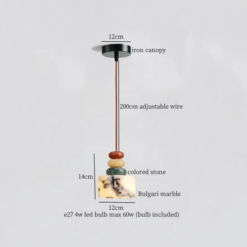 Modern black iron and white marble led pendant light with adjustable copper wire and stacked stones for kitchen decorbites iron marble