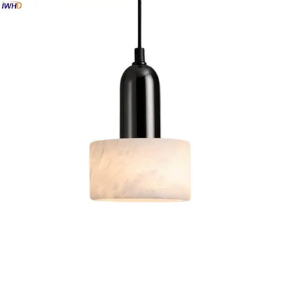 Modern black iron marble led pendant light with cylindrical white marble shade for kitchen decorbites iron marble design
