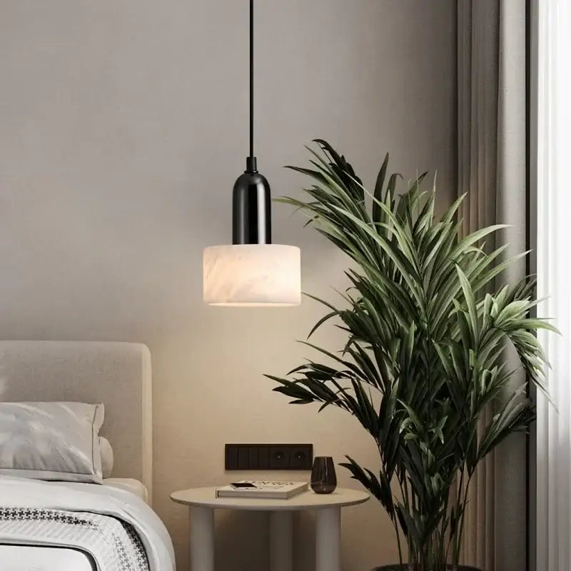 Modern black iron marble led pendant light with frosted white glass cylindrical shade for kitchen decorbites iron marble