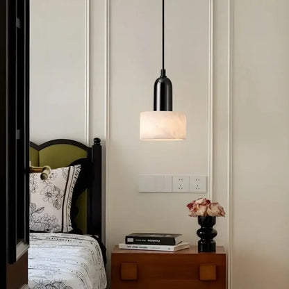 Modern black iron and white marble led pendant light with frosted translucent cylindrical shade for kitchen decorbites iron marble