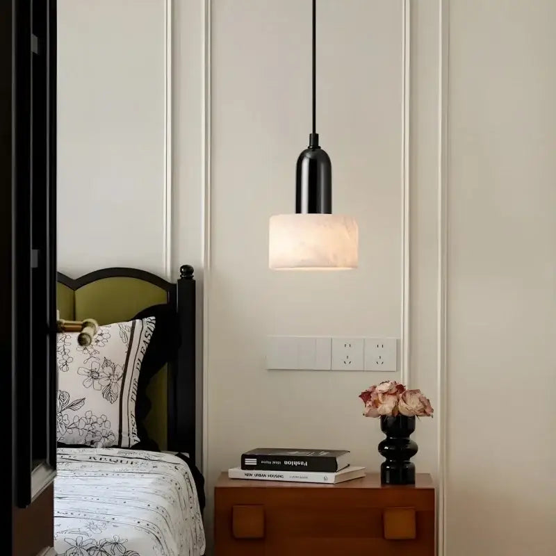 Modern black iron and white marble led pendant light with frosted translucent cylindrical shade for kitchen decorbites iron marble