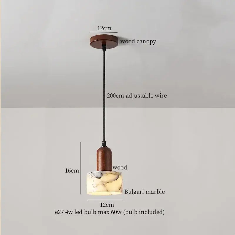 Modern pendant light with warm brown wooden canopy and bulgari marble base by decorbites iron marble led collection