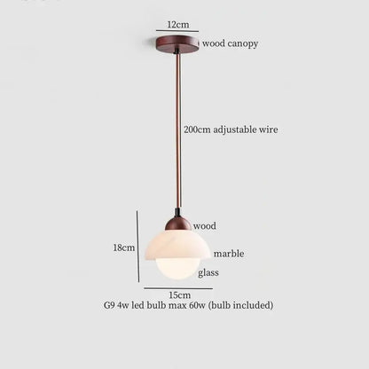 Modern black iron and white marble led pendant light with bronze wood canopy and frosted glass shade for kitchen decorbites iron marble