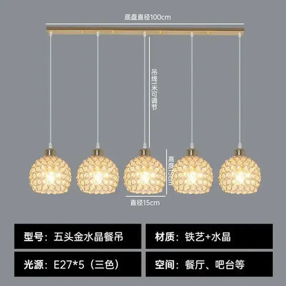 Five-head gold-toned crystal dining pendant lamp with spherical mesh glass shades and brass fixtures for decorbites crystal dining