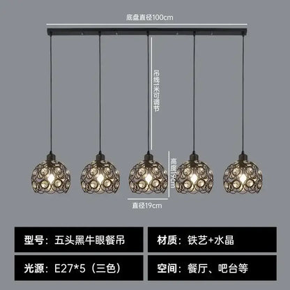 Modern black iron cage pendant lamp with five-head black cow eye design and decorbites crystal dining accents