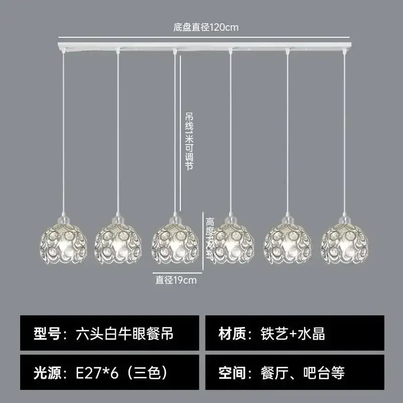 Six-head white cow eye pendant lamp with crystal and black iron art design for modern kitchen island lighting decorbites crystal dining