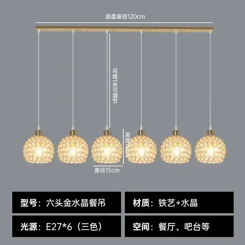 Six-head golden crystal pendant lamp with woven-crystal shades and brass fixtures for decorbites crystal dining use