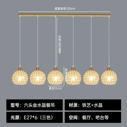 Six-head golden crystal pendant lamp with woven-crystal shades and brass fixtures for decorbites crystal dining use