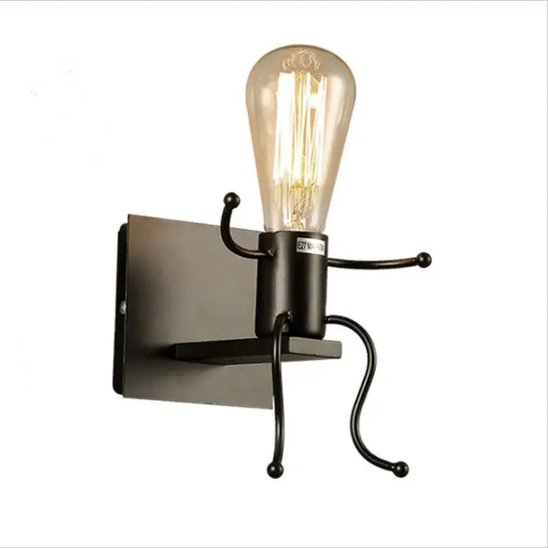 Modern black iron cartoon doll wall sconce with vintage filament bulb for kids bedroom ladder light decorbites cartoon doll wall