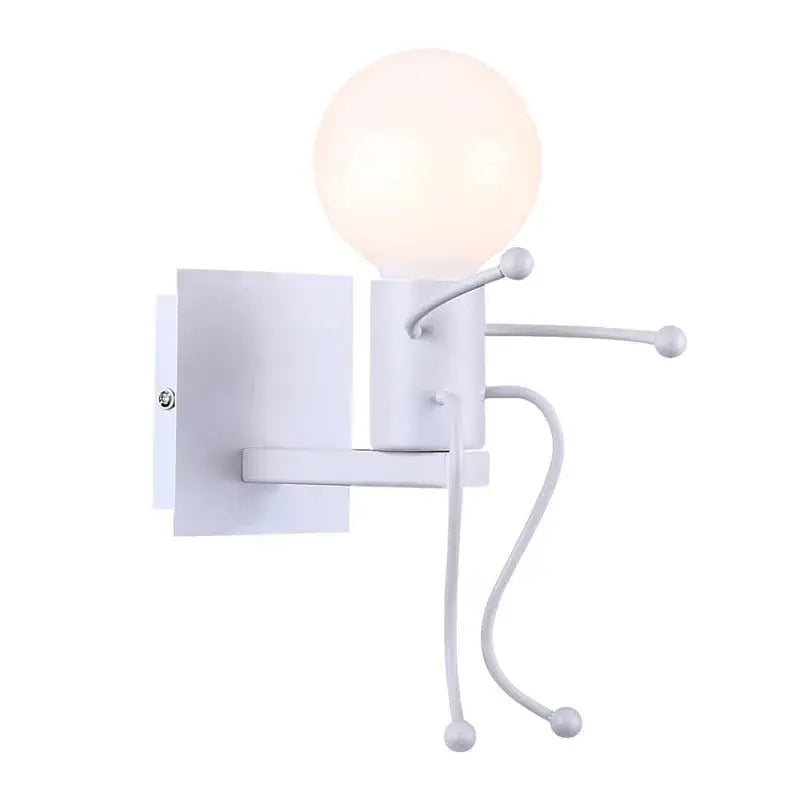Modern black iron wall sconce decorbites cartoon doll design with articulated limbs and glowing bulb head for kids bedroom