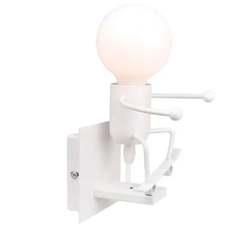 Modern black iron wall sconce with decorbites cartoon doll design featuring articulated limbs and spherical bulb head