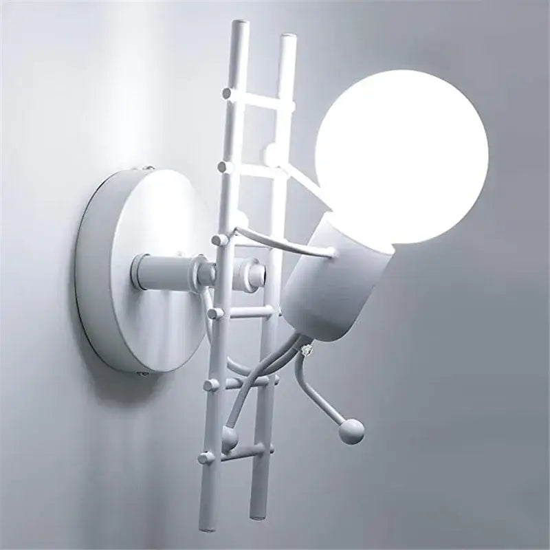White ladder-shaped wall sconce with spherical bulb made of black iron decorbites cartoon doll for kids bedroom decor