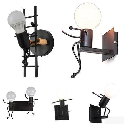 Modern black iron wall sconce decorbites cartoon doll with articulated limbs and spherical bulbs for kids bedroom ladder light