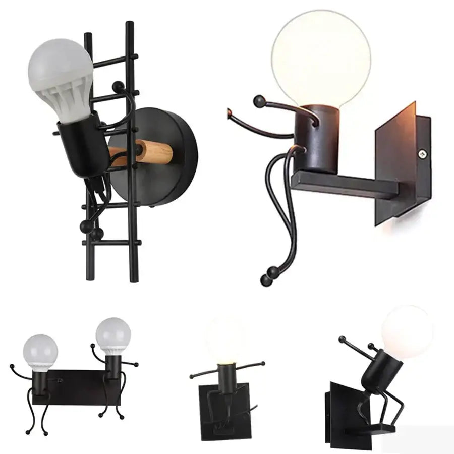 Modern black iron wall sconce decorbites cartoon doll with articulated limbs and spherical bulbs for kids bedroom ladder light
