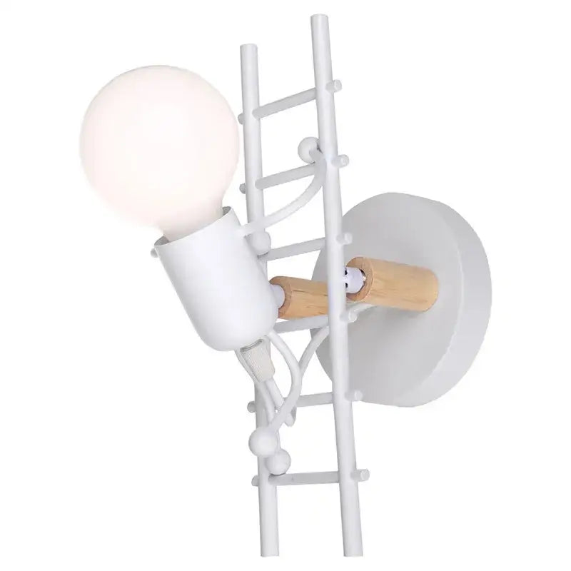White ladder-style wall sconce with wooden handle and spherical bulb for decorbites cartoon doll kids bedroom light