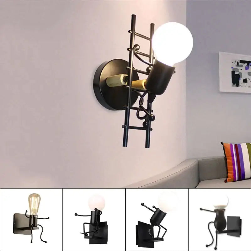 Modern black iron wall sconce designed as a ladder with an exposed bulb for kids bedroom decorbites cartoon doll wall