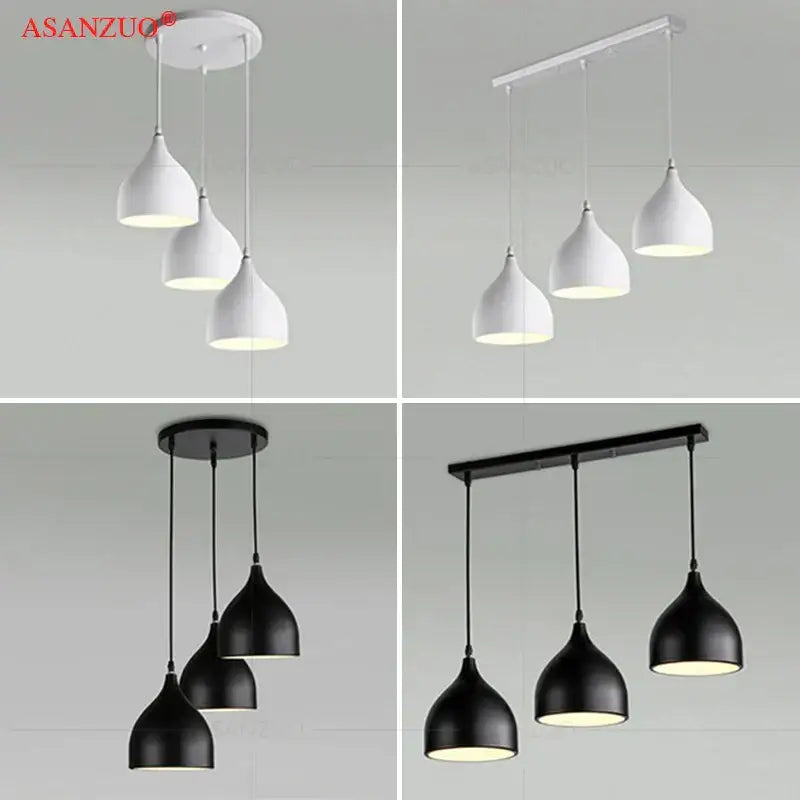 Modern black iron chassis ceiling panel dining room light with sleek teardrop-shaped pendant shades and minimalist metal fixtures