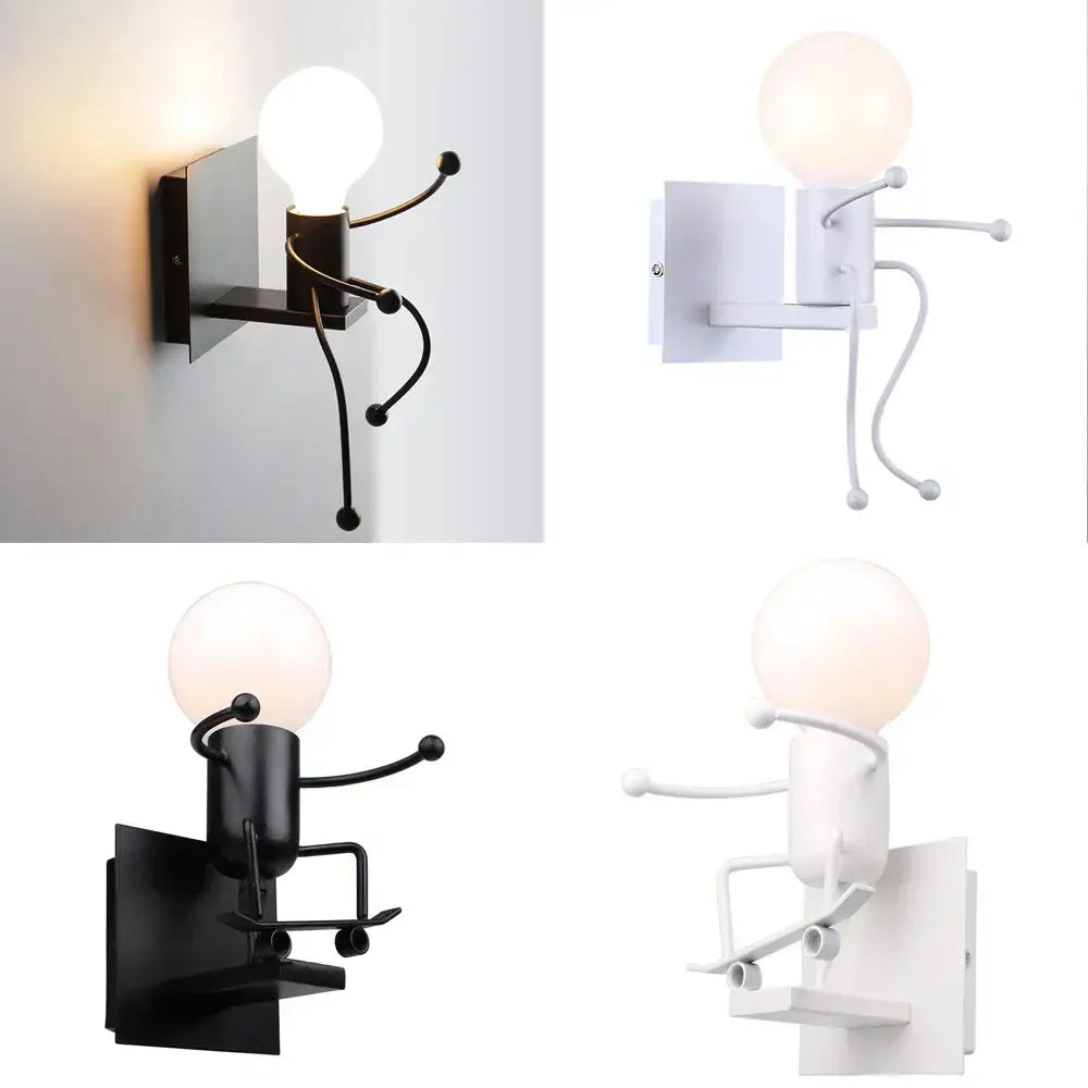 Modern black iron wall sconce with stylized human figure design holding spherical bulb for decorbites creative led wall decor