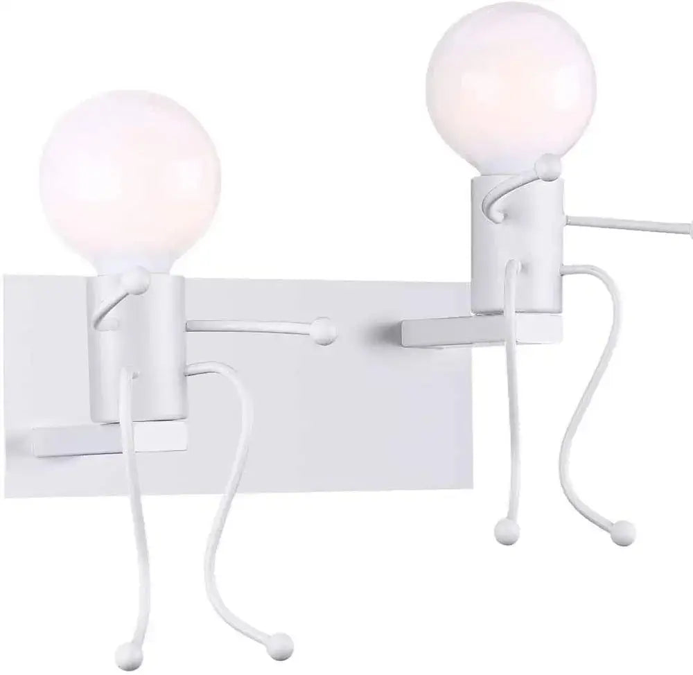White wall sconce with black iron whimsical stick-figure designs and spherical bulbs for decorbites creative led wall use
