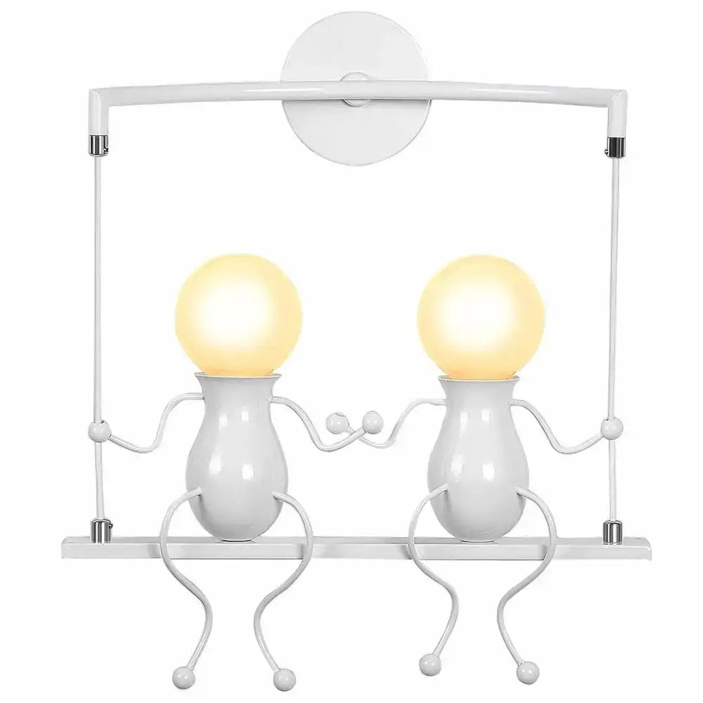 Modern black iron wall sconce with two whimsical bulb-headed figures on swing frame for creative led wall decorbites decor