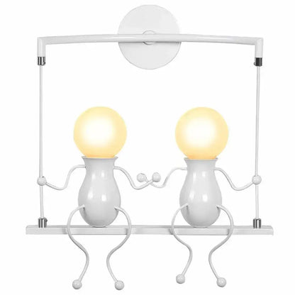 Modern black iron wall sconce with two whimsical bulb-headed figures on swing frame for creative led wall decorbites decor