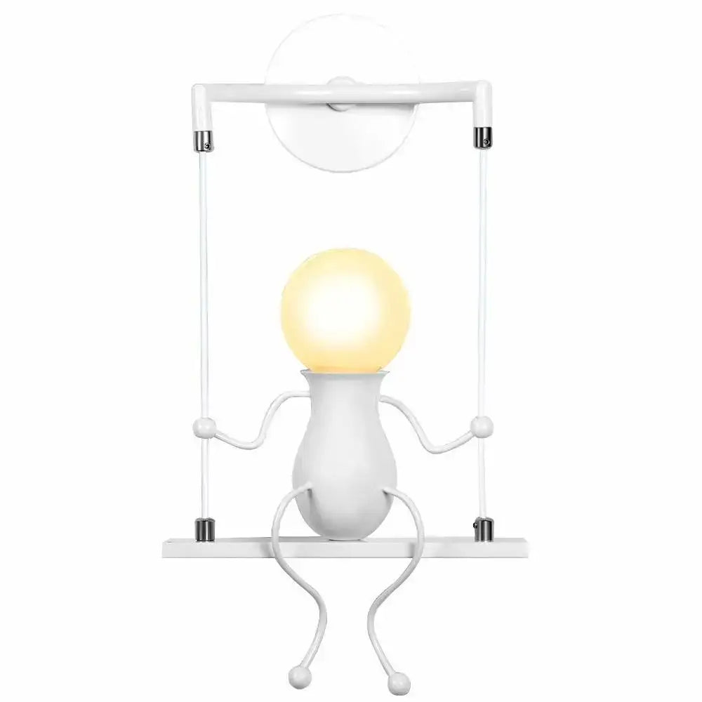 Modern black iron wall sconce with white whimsical swing lamp and glowing bulb head for creative led wall decorbites decor