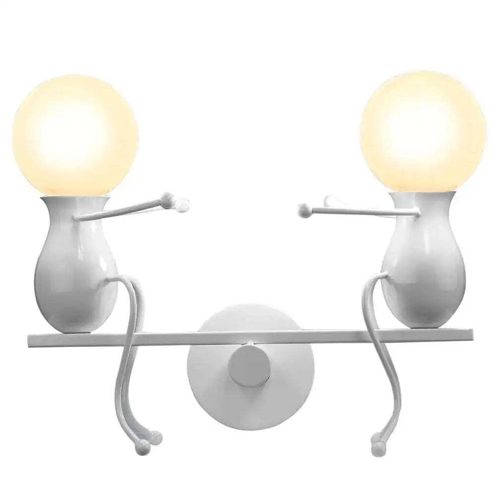 Modern black iron creative led wall sconce with white metallic figurine and warm spherical bulbs for bedroom decorbites creative led wall