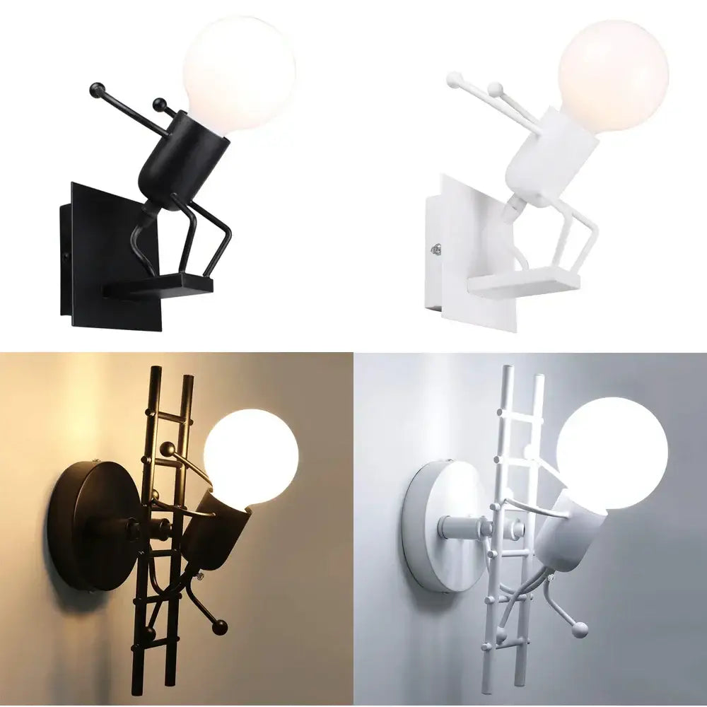 Modern black iron wall sconce with creative led design featuring stylized human figures holding ladders for bedroom decorbites creative led wall