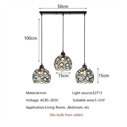 Modern black iron crystal triple pendant lamp with three spherical crystal-encrusted shades for dining room decorbites crystal triple pendant