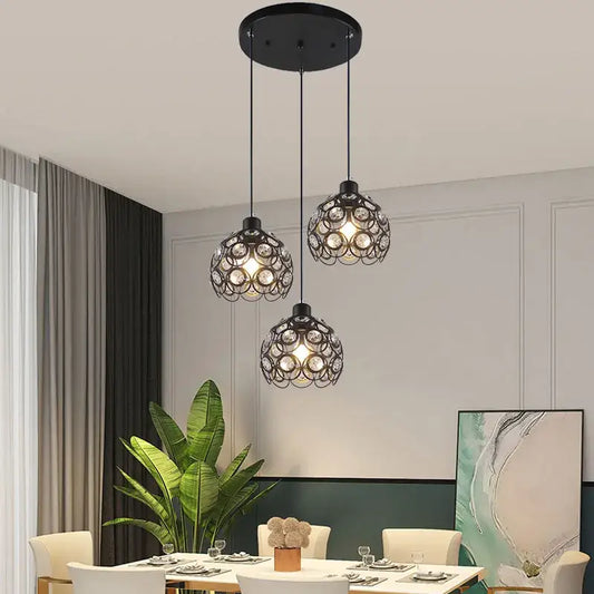 Modern black iron crystal triple pendant lamp with wrought iron and crystal embellishments for dining room decorbites crystal triple pendant