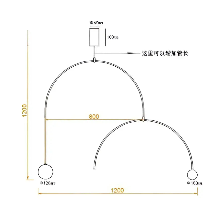 Minimalist decorbites iron line chandelier in black metal with three adjustable curved arms and circular weights for living room decor