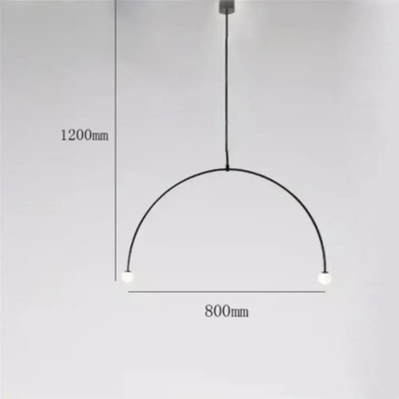 Modern black iron line chandelier with two white glass bulbs suspended on a curved wire frame from decorbites iron line