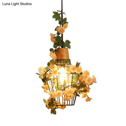 Modern Black Iron Pendant Light with Hanging Flower Jar Design, Ideal for Restaurants and Farm-inspired Decor