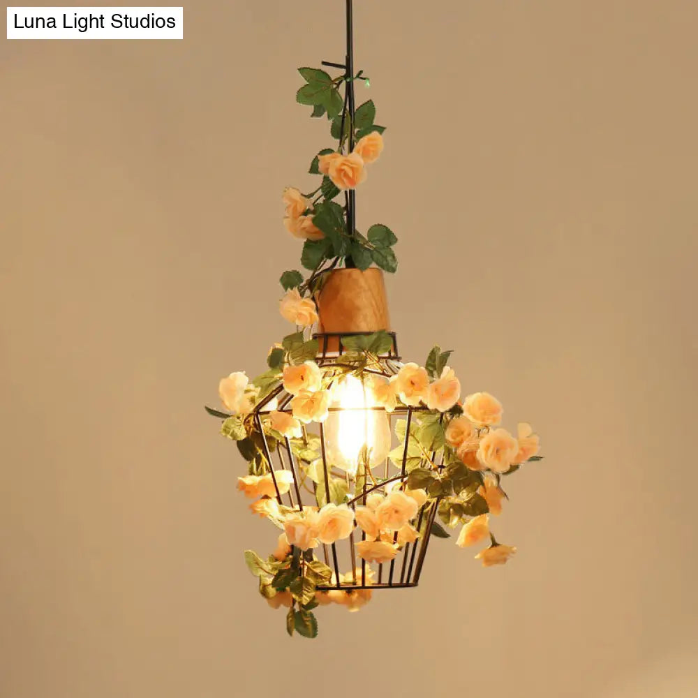 Modern Black Iron Pendant Light with Hanging Flower Jar Design, Ideal for Restaurants and Farm-inspired Decor