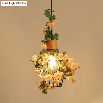 Modern Black Iron Pendant Light with Hanging Flower Jar Design, Ideal for Restaurants and Farm-inspired Decor