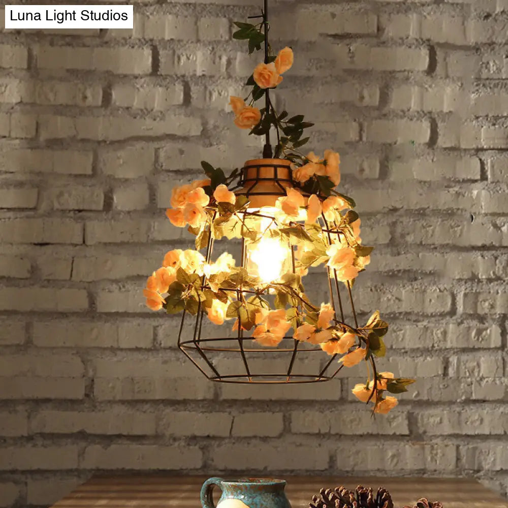 Modern Black Iron Pendant Light with Hanging Flower Jar Design, Ideal for Restaurants and Farm-inspired Decor