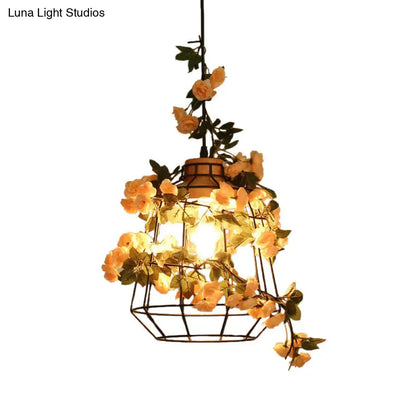 Modern Black Iron Pendant Light with Hanging Flower Jar Design, Ideal for Restaurants and Farm-inspired Decor