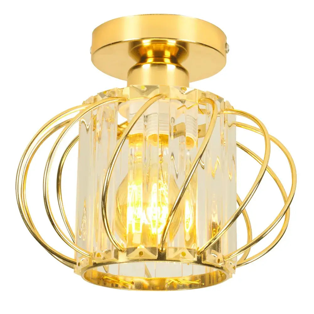 Modern black iron round crystal ceiling chandelier with gold-finished light, faceted glass panels, and curved metal rings