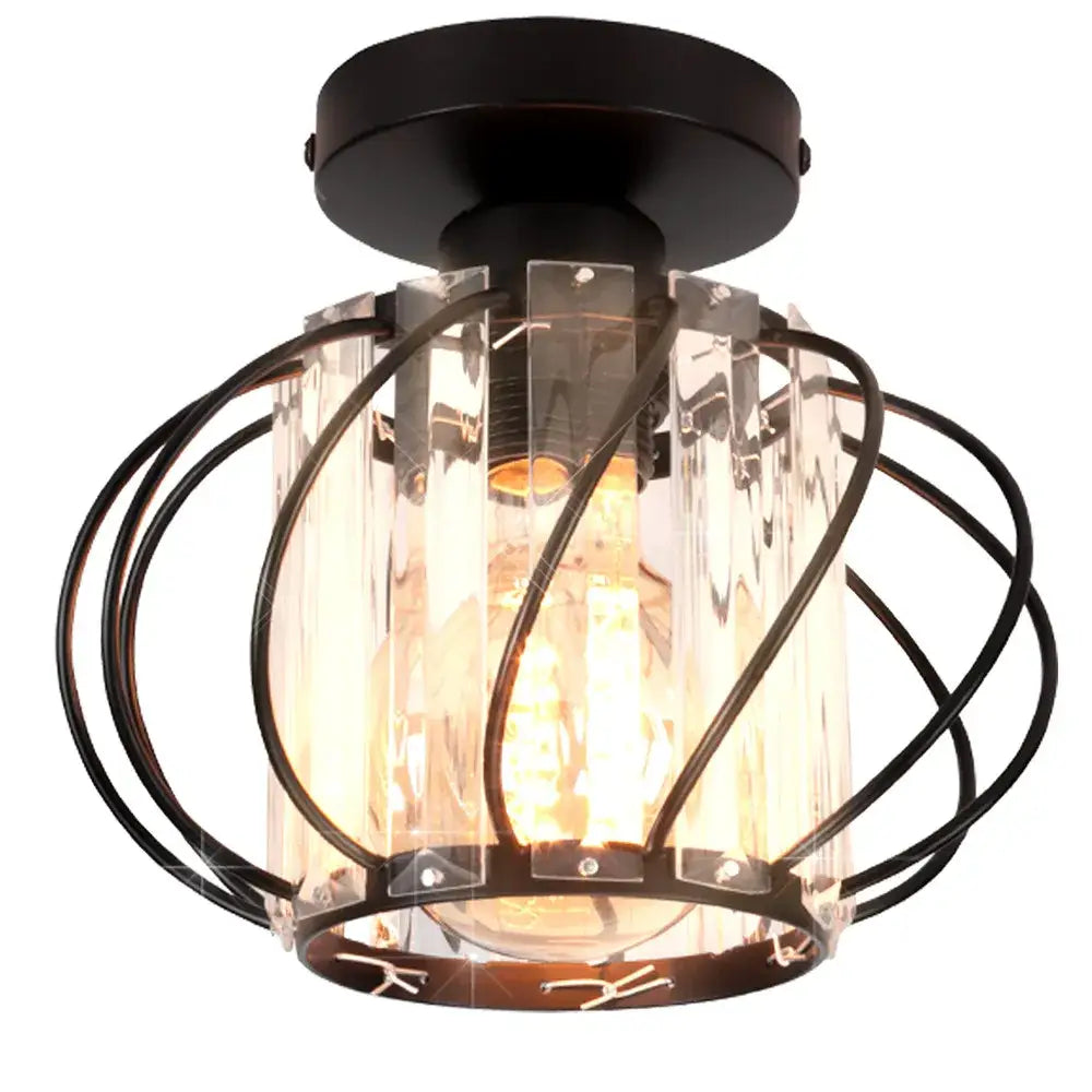 Modern black iron round crystal ceiling chandelier with cage style design and exposed edison bulb for dining room decorbites iron round