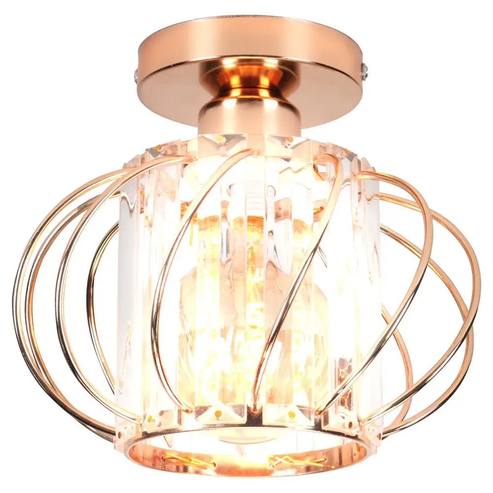 Modern black iron round crystal ceiling chandelier with rose gold cage frame and clear faceted crystal panels decorbites iron round