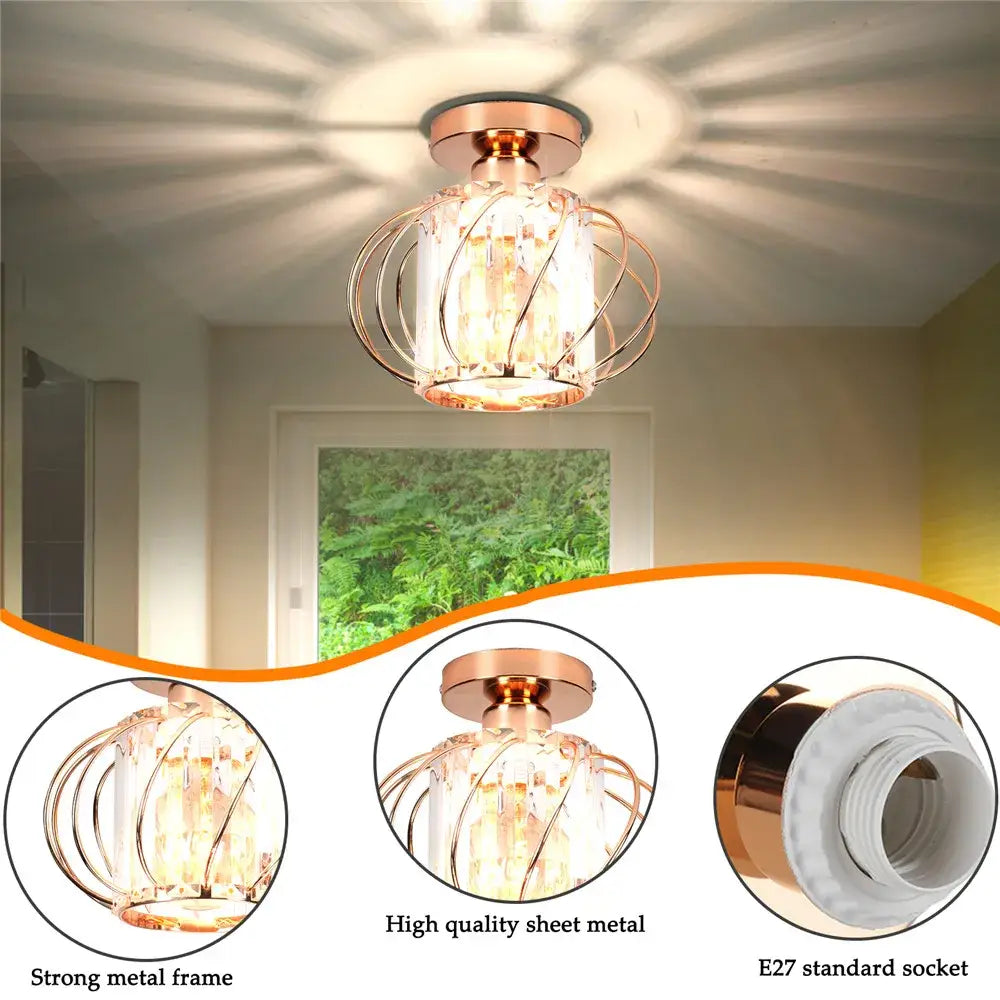 Rose gold ceiling-mounted light fixture with cage metal frame and clear crystals for modern black iron round crystal decorbites ceiling
