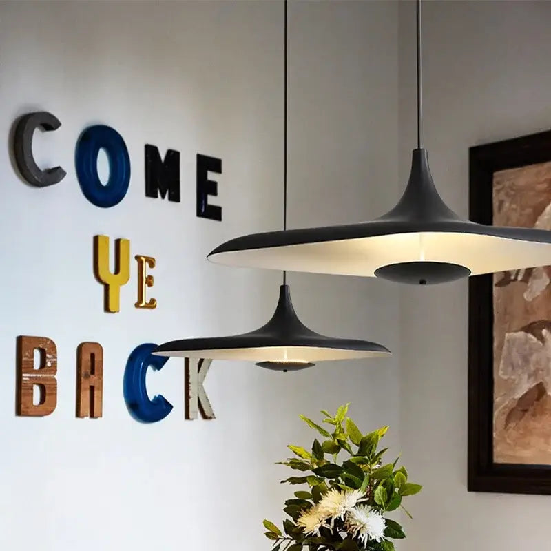 Modern black irregular art pendant lamp with sleek disc-shaped design and warm interior glow for living room decorbites irregular art pendant
