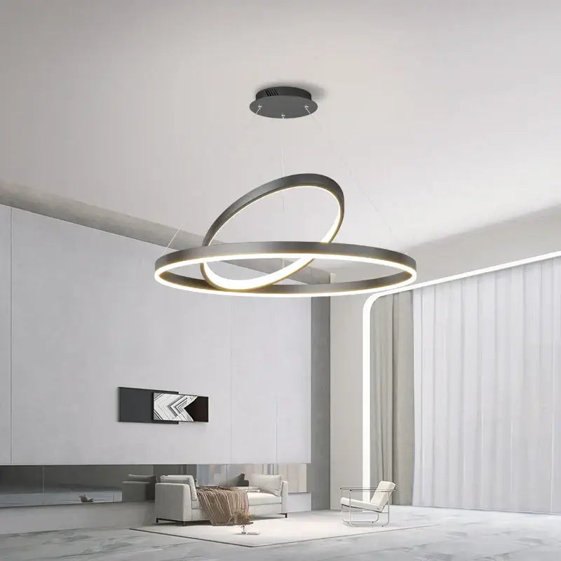 Modern black irregular ceiling chandelier with two interlocking rings and integrated led lighting for decorbites irregular ceiling decor