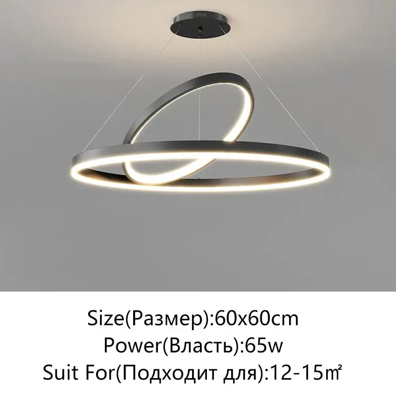 Modern black irregular ceiling chandelier by decorbites with two interlocking LED rings emitting a warm glow for living room decor