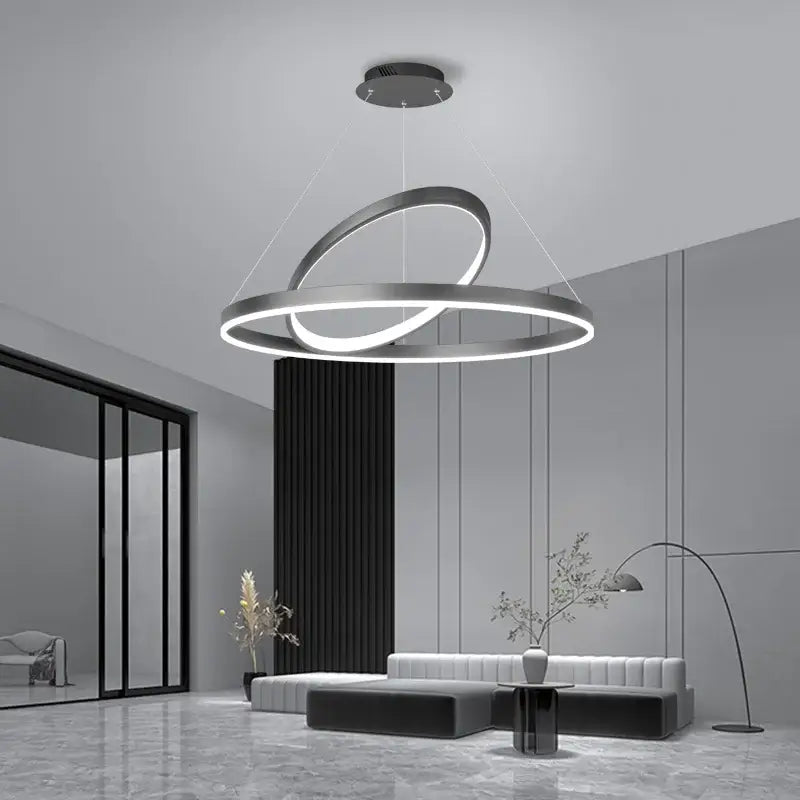Modern silver-toned led irregular ceiling chandelier with two interlocking circular rings for living room decorbites irregular ceiling