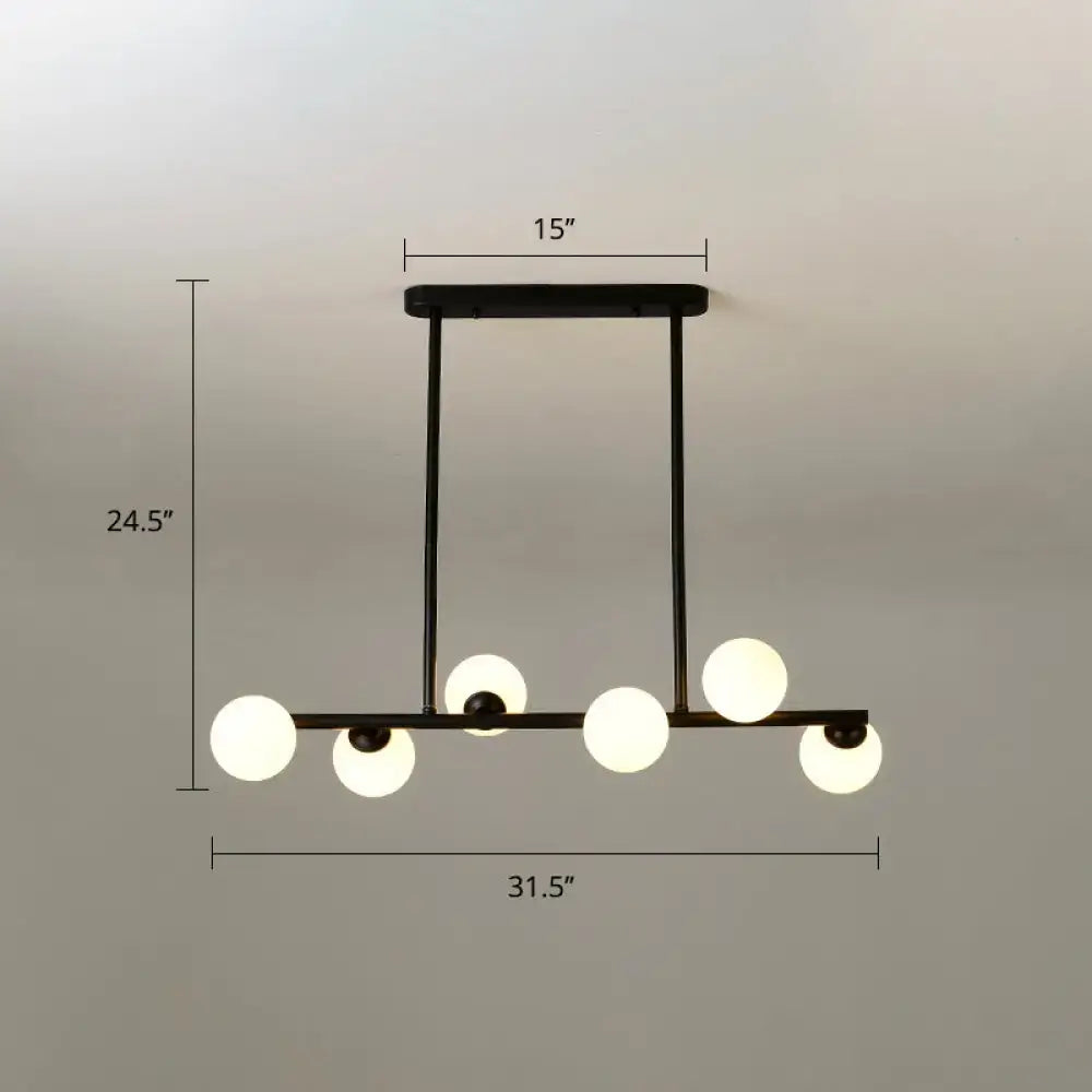 Modern black metal modo island ceiling light with five frosted glass globe lights for elegant dining room lighting
