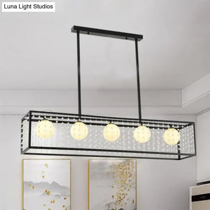 DecorBites™ modern black metal island light with five white glass spherical lights and crystal bead accents ceiling light