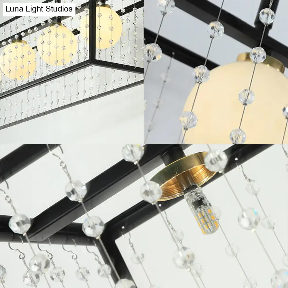 DecorBites modern 5-head black island light with white glass shades and crystal beaded strands ceiling light