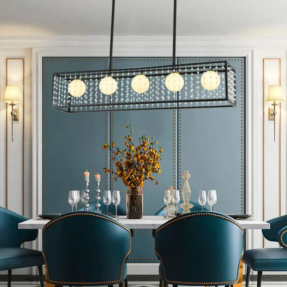 DecorBites™ modern 5-head black island light with white glass frosted globes and crystal bead accents ceiling light