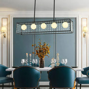 DecorBites™ modern 5-head black island light with white glass frosted globes and crystal bead accents ceiling light